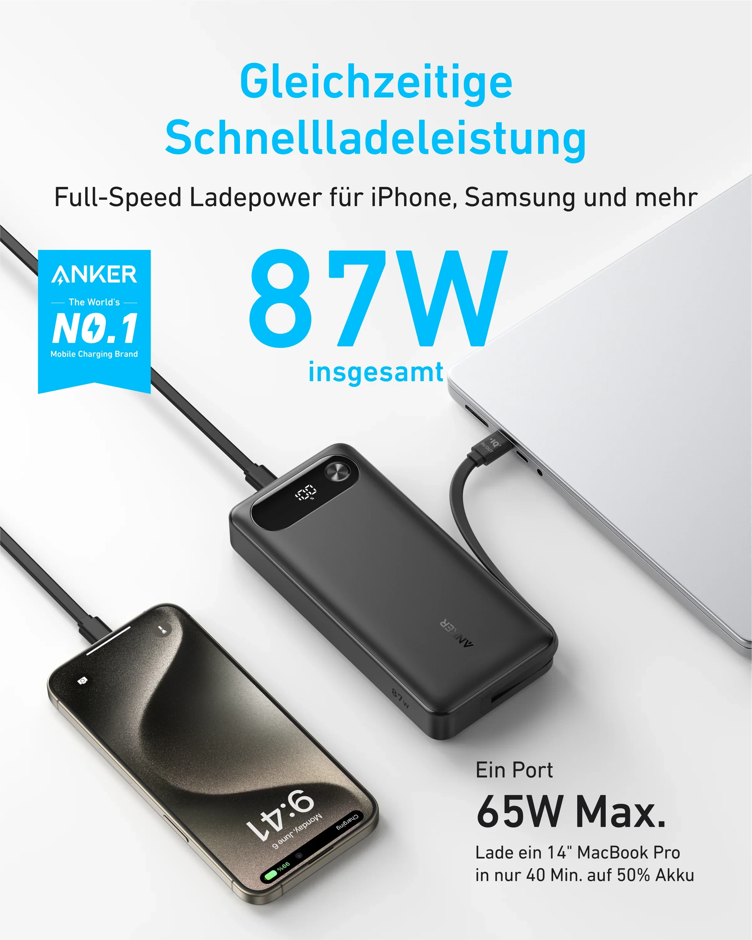 Anker Power Bank (20K, 87W, Built-In USB-C Cable) - Image 3